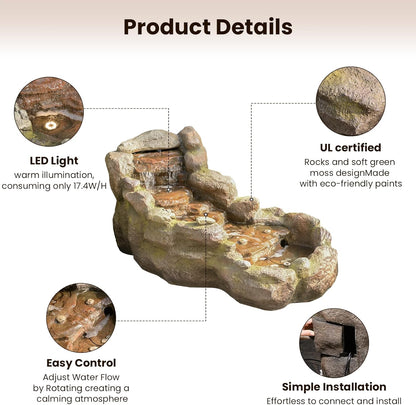 42 in Natural-Style Tier Garden Rock Water Fountain Outdoor, Floor-Standing Fountains That Feature Gentle Waterfall and LED Lights for Patio, Backyard, Deck, Porch, Home Décor