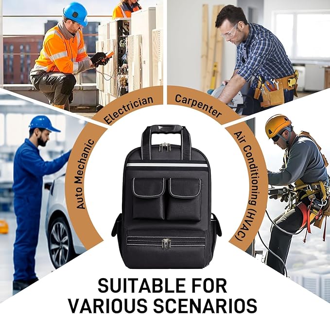 Tool Backpack for Men 18 Inch Heavy Duty Waterproof Multiple Pockets Tool Bag Organizer with Shoulder for Electrician Mechanics HVAC Engineer