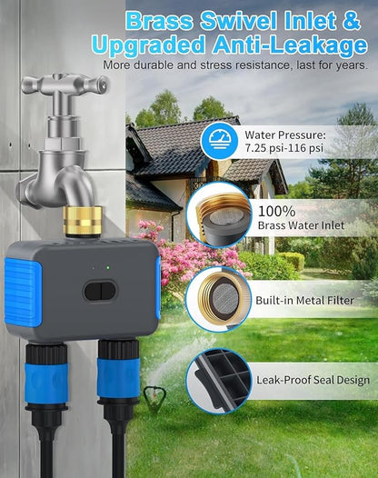 WiFi Sprinkler Timer, 2 Zone Smart Bluetooth Hose Timer, Programmable Automatic Irrigation System with Remote APP, Compatible with Alexa Google, Watering for Outdoor Garden Yard Lawn