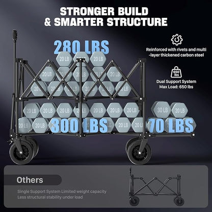 Folding Double Decker Wagon, 560LBS Heavy Duty Utility Cart with Brakes, 400L Wagon Cart with Wheels Foldable, All-Terrain Big Wheels for Camping, Beach, Picnic, Outdoor Use, Black