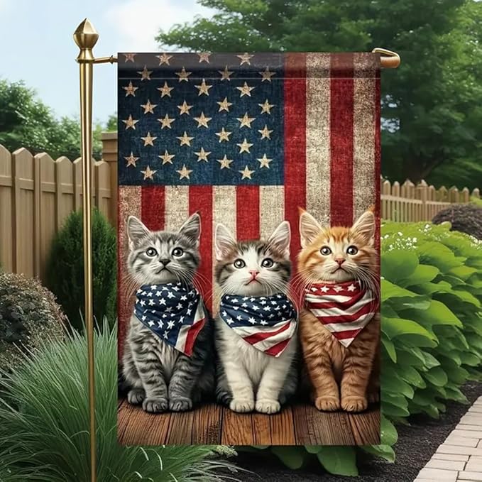 Patriotic Stars and Stripes Garden Flag 12x18 Inch Double Sided Outside, USA 4th of July Memorial Day Independence Day Watercolor Yard Outdoor Decoration(cat)