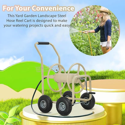 Garden Hose Reel Cart with Wheels Garden Lawn Water Truck Water Planting Cart Heavy Duty Outdoor Yard Water Planting Holds 300-Feet of 5/8-Inch Hose with Storage Basket, Tan