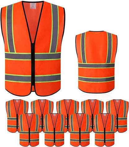 Tekware Safety Vest with High Reflective Strips, Pack of 10 Bright Neon Color Construction Protector with Zipper