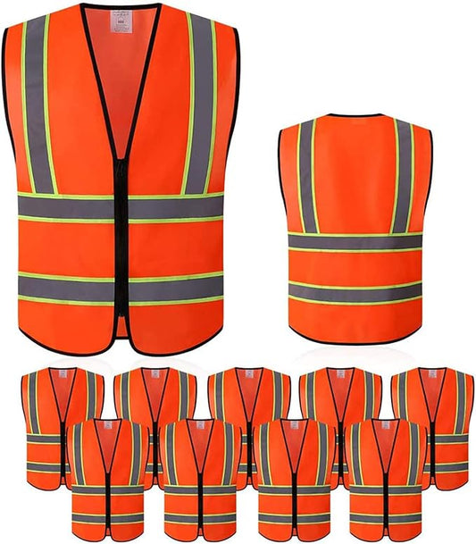Tekware Safety Vest with High Reflective Strips, Pack of 10 Bright Neon Color Construction Protector with Zipper