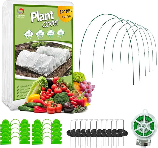 Plant Covers Freeze Protection Kit, 10 x 30Ft Frost Cloth and 6Pcs Fiberglass Garden Hoops 1oz/yd² Floating Row Cover with Greenhouse Hoops Frost Blanket for Winter Garden Covers for Raised Beds