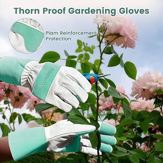 Gardening Gloves, Long Thorn Proof Garden Gloves for Women and Men, Goatskin Breathable Leather Work Gloves for Gardening, Pruning, Yard Work, Turquoise, S