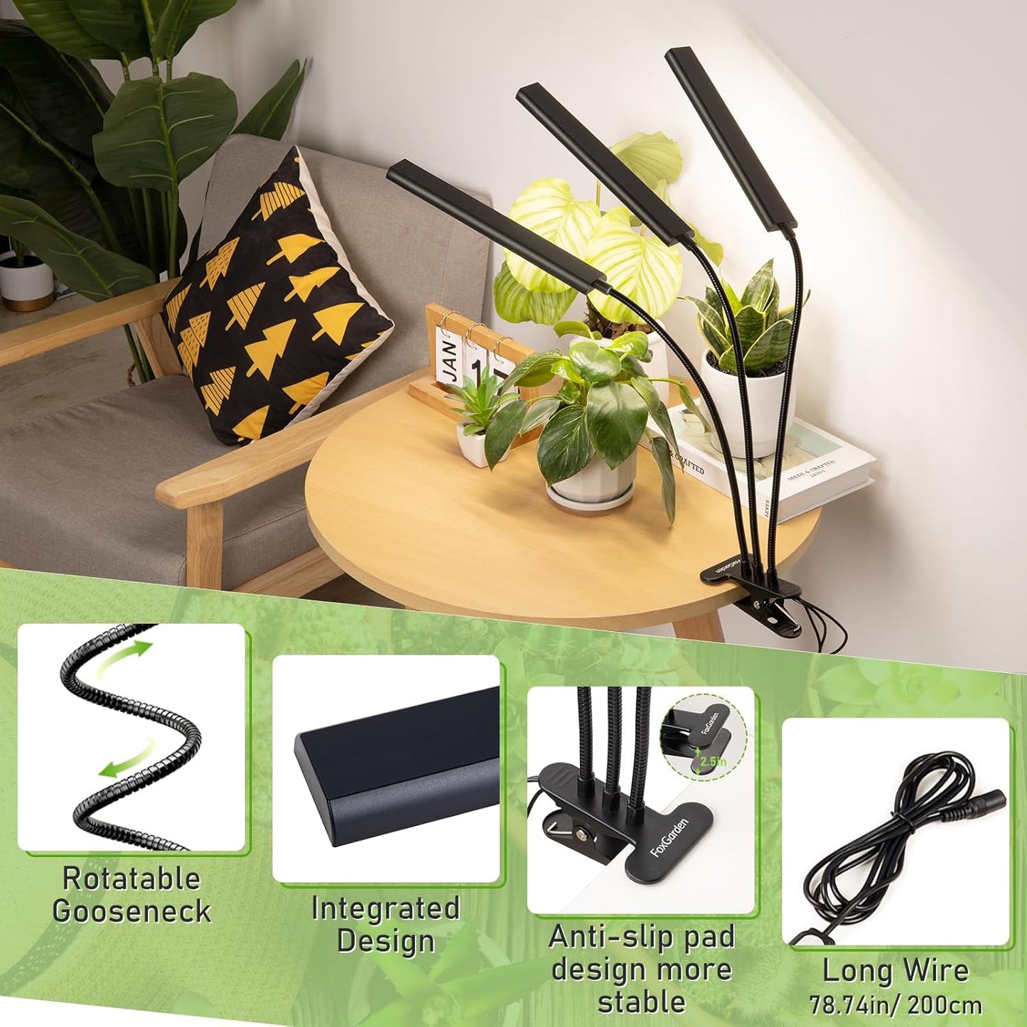 FOXGARDEN Grow Lights Full Spectrum, Tri-Head Plant Lights for Indoor Growing with Flexible Gooseneck, 156 LEDs Clip Grow Lamp with 4/8/12H Timer, 4 Brightness Levels, Ideal for Indoor Growth