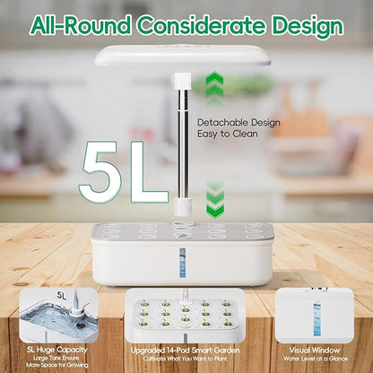 SPECILITE Hydroponics Growing System Kit, 14 Pods Smart Indoor Herb Garden with Grow Light, WiFi & App Control, Quiet Pump, 5L Water Tank, Automatic Timer Planter for Gardening Gifts, White