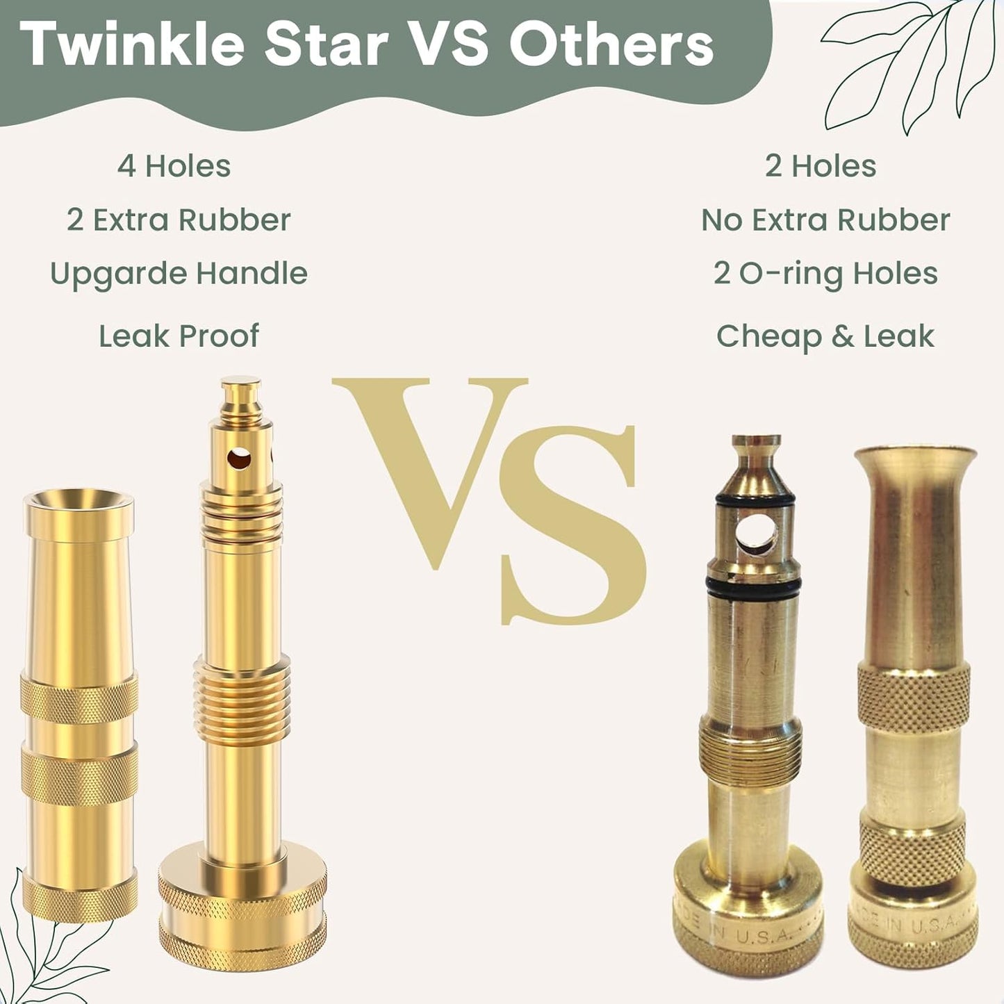 Twinkle Star Heavy-Duty Brass Adjustable Twist Hose Nozzle, High Pressure Hose Nozzle with On-Off Valve, Leakproof Operation 3/4" GHT Connector 3 Pack
