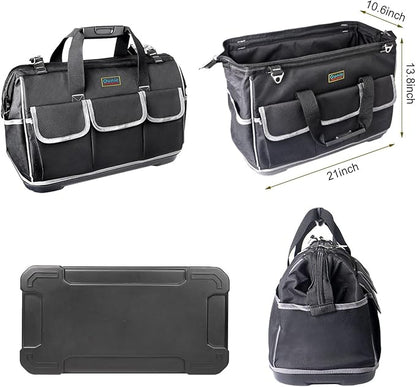 Tool Bag, Ounic 22 Inch Large Heavy Duty With Wide Mouth and Waterproof Strong Molded Base tool Organizer with Adjustable Shoulder Strap Specially Designed for Various Tools（Black)