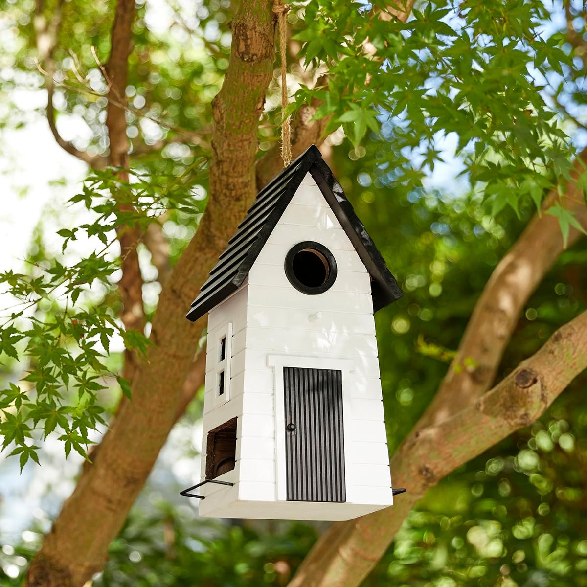 Glitzhome Bird Houses for Outside, Modern Hand Painted Hanging Bird House for Outdoors, 14.25" H Functional and Decorative Wooden Bird Houses Bluebird Birdhouses for Garden,White