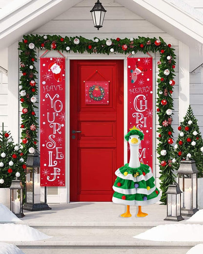 Christmas Porch Goose Outfits With Bells, 2 Pcs/Set Lawn Cement Goose Clothes, 23" Patio Yard Garden Geese Costume Decoration, Green