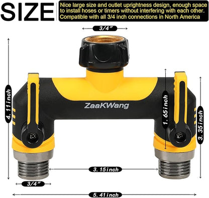Full Flow Heavy Duty Two - Way Hose Splitter, Rugged Garden Faucet Adapter, Spout Diverter T - Way Adapter with Extended Handle, 3/4” GHT Thread, Yellow