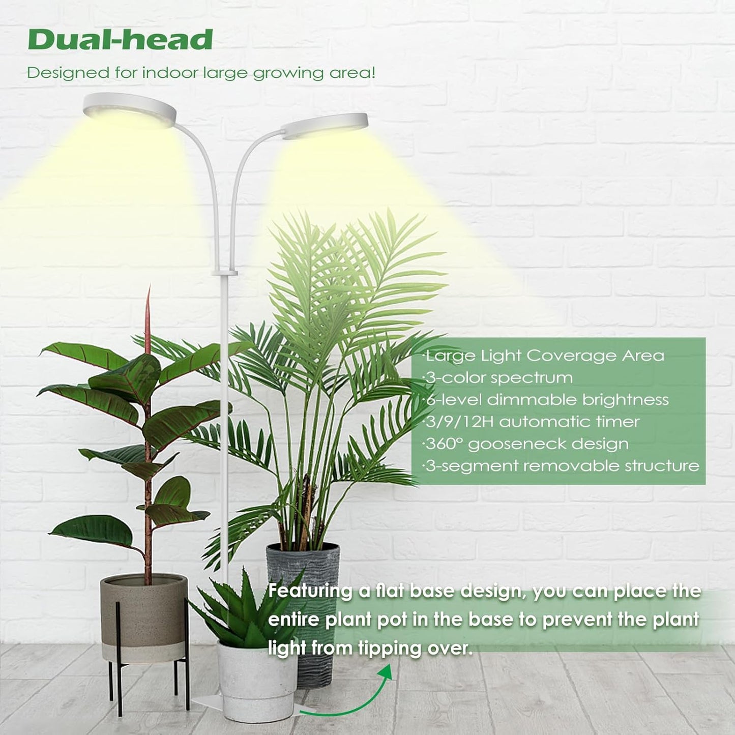 PRONORO Grow Light for Indoor Plants,Full Spectrum 2-Head LED Grow Light,Standing Grow Light for Large Plants,Auto ON/Off Timer,6 Dimmable Levels,3 Spectrum Light Modes,Height Adjustable,36W