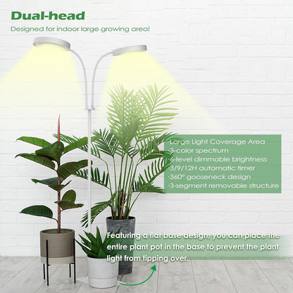 PRONORO Grow Light for Indoor Plants,Full Spectrum 2-Head LED Grow Light,Standing Grow Light for Large Plants,Auto ON/Off Timer,6 Dimmable Levels,3 Spectrum Light Modes,Height Adjustable,36W