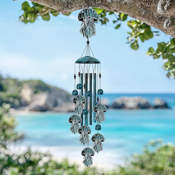 Jellyfish Wind Chimes for Outside, Large Jellyfish Gifts for Women, Memorial Jellyfish Wind Chime, Metal Jellyfish Decor, 40" Outdoor Garden Decor for Lawn, Porch, Patio, Yard