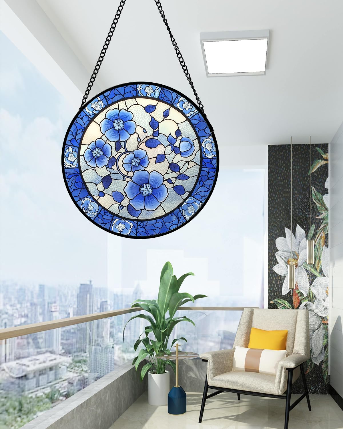 Stained Glass Window Hanging, Blue and White Plum Blossom Sun Catcher for Door Home Decor Flowers Suncatcher Christmas Mother's Day Birthday Gifts for Women Men Mom and Nana 7.8 in