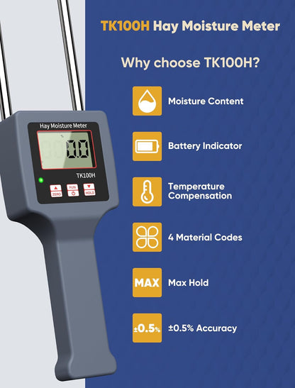 Hay Moisture Tester with Probe Accurate Moisture & Temperature Detection, Portable Hay Bale Moisture Tester for Forage and Alfalfa, with LED Warning & Automatic Temperature Compensation Moisture Meter