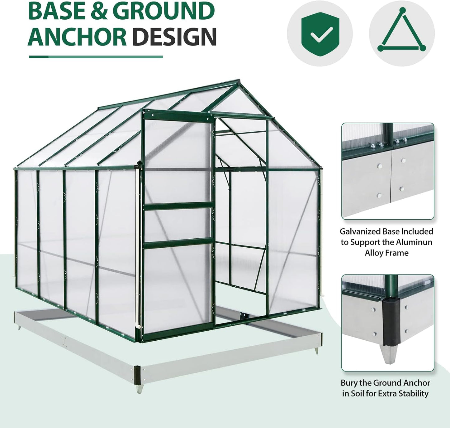 EAGLE PEAK 6x8x7 Outdoor Walk-in Hobby Greenhouse with Adjustable Roof Vent and Rain Gutter, Base and Anchor, Polycarbonate Aluminum Green House for Backyard Garden, Dark Green