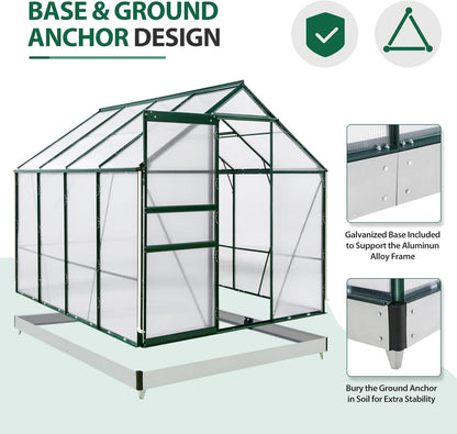 EAGLE PEAK 6x8x7 Outdoor Walk-in Hobby Greenhouse with Adjustable Roof Vent and Rain Gutter, Base and Anchor, Polycarbonate Aluminum Green House for Backyard Garden, Dark Green