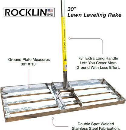 Rocklin™ Lawn Leveling Rake | Levelawn Tool | Level Soil or Dirt Ground Surfaces Easily | 30” x 10” Ground Plate | 78” Extra Long Handle | Stainless Steel