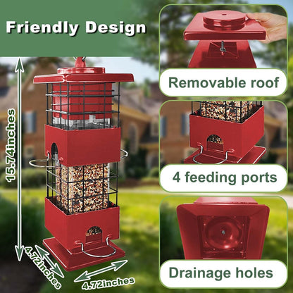 Squirrel Proof Bird Feeder for Outdoors Hanging, 3Lbs Metal Weight-Activated Birdfeeder with 4 Feeding Ports, Wild Birds Seed Feeder for Cardinal, Finch, Sparrow (Red)