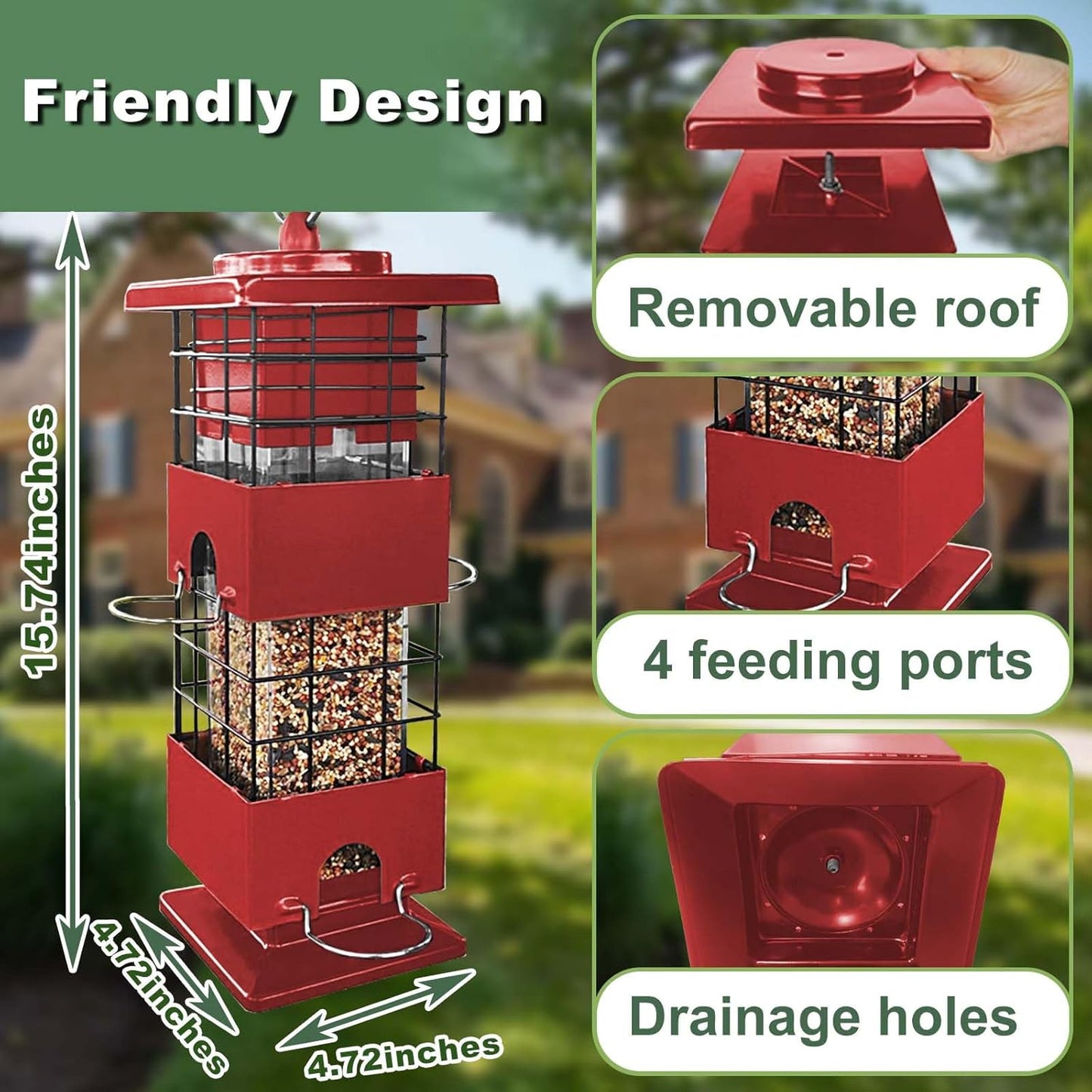 Squirrel Proof Bird Feeder,3Lbs Heavy Duty Metal Bird Feeders for Outdoors Hanging, Gravity-Close Door & Weatherproof Wild Birds Seed Feeder for Cardinal, Finch, Sparrow (Red)