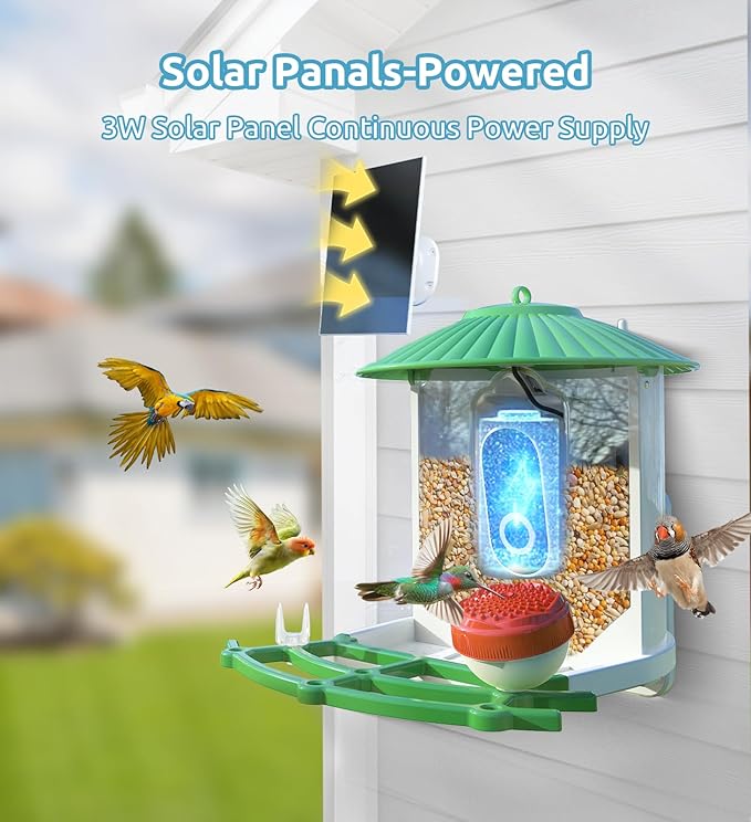 Smart Bird Feeder with Camera, 2K Live View AI Identify Birds Species with Solar Panel, Outdoors Birdhouse with Camera, Instant Arrival Alerts, Christmas Gifts for Bird Lovers