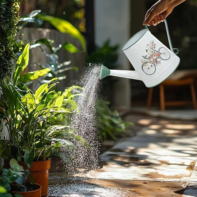 Small Watering Can for Indoor Plants Garden Metal Decorative Watering Can Outdoor Bonsai Balcony Courtyard Garden Flower Decorative, 1.5L, 50.7 Oz (White Green)
