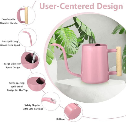 Watering Can Indoor Plants, 35oz Small Indoor Stainless Steel Metal Watering Can Modern Decorative Watering Pot with Long Spout for Indoor House Plant Bonsai Garden Flowers (Pink)