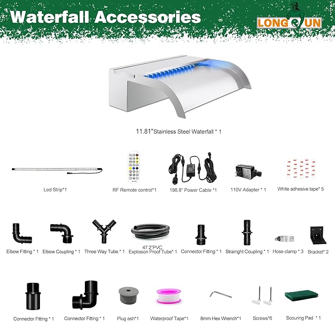 Waterfall Pool Fountain, LONGRUN Stainless Steel Waterfall Spillway for Pools and Ponds - 11.8" Wide Decorative Water Feature for Swimming Pools, Koi Ponds, and Garden