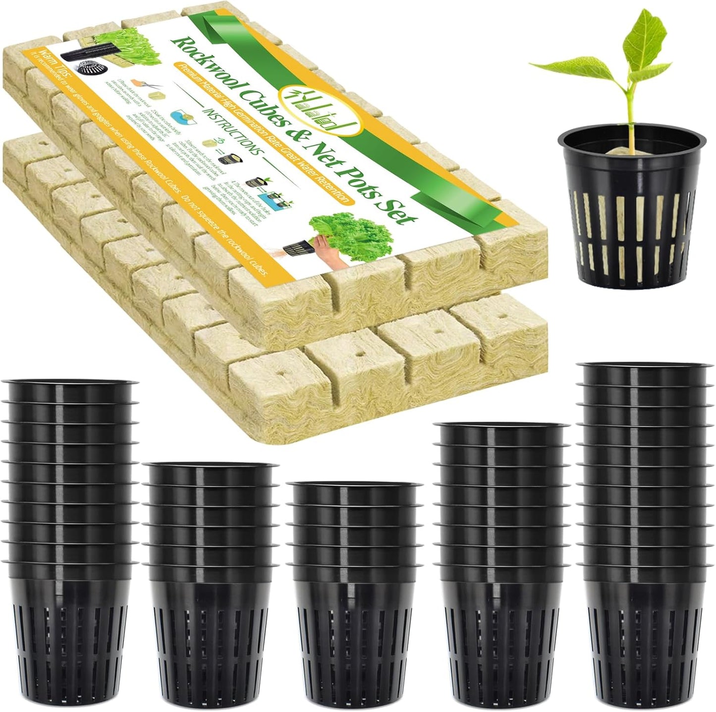 Halatool 72PCS 1.2 Inch Rockwool Cubes with 56PCS 2 Inch Net Cups for Hydroponics Great Kratky Hydroponics Kit for Soilless Cultivation Cloning Plants Growing Seeds
