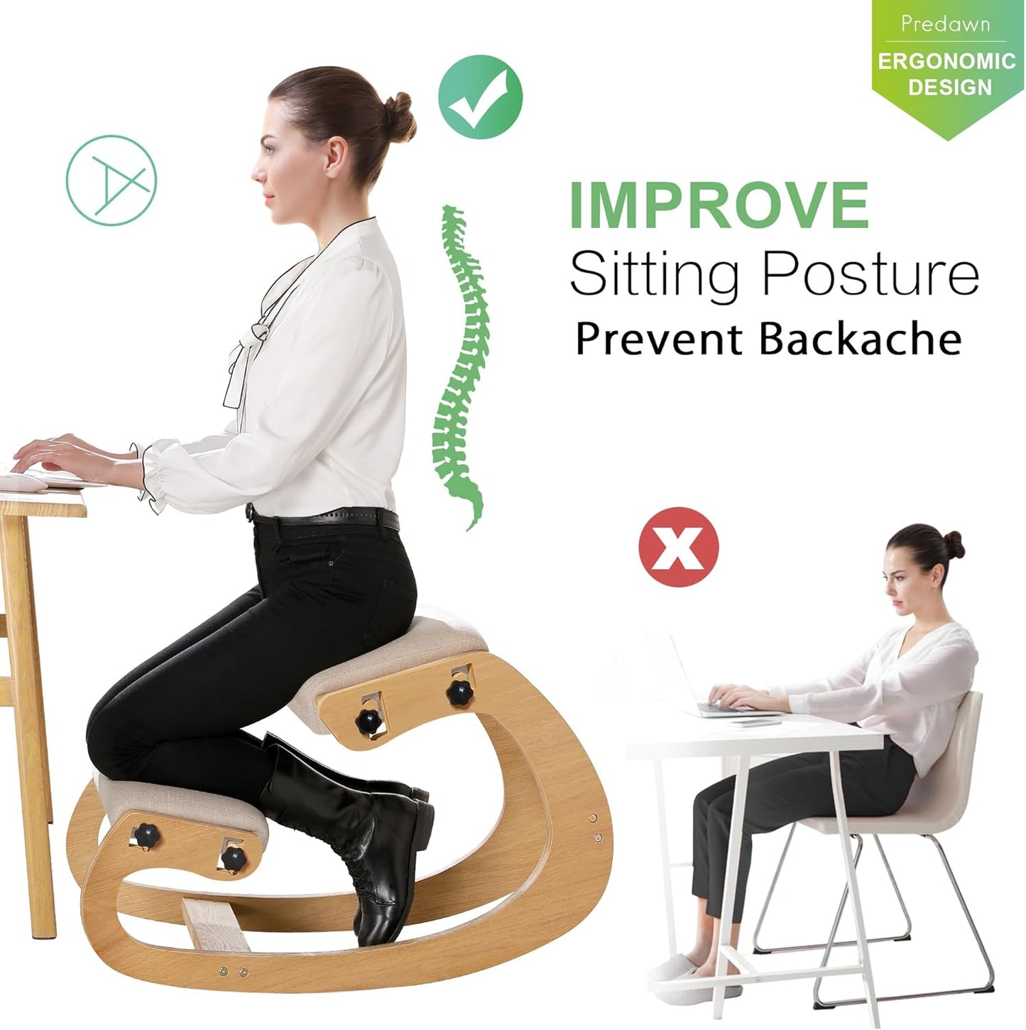 Predawn Adjustable Ergonomic Kneeling Chair – Custom Height Rocking Posture Stool with Thick Cushions, Solid Wood Frame, Knee Support Seat for Adults, Office or Meditation Use(White Oak)