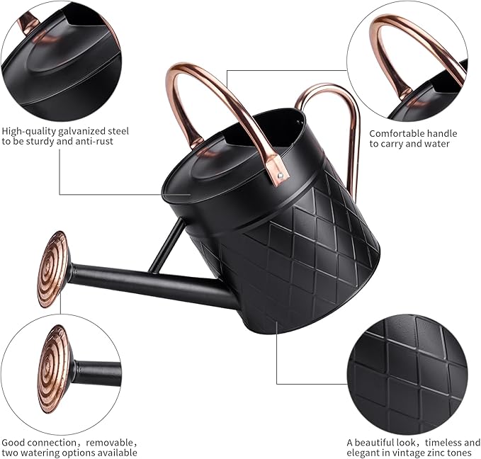 1.75 Gallon Outdoor Metal Watering Can for Garden Plants, Vintage Zinc Watering Can with Removable Spray Spout, Ideal for Outdoor Use (Black)