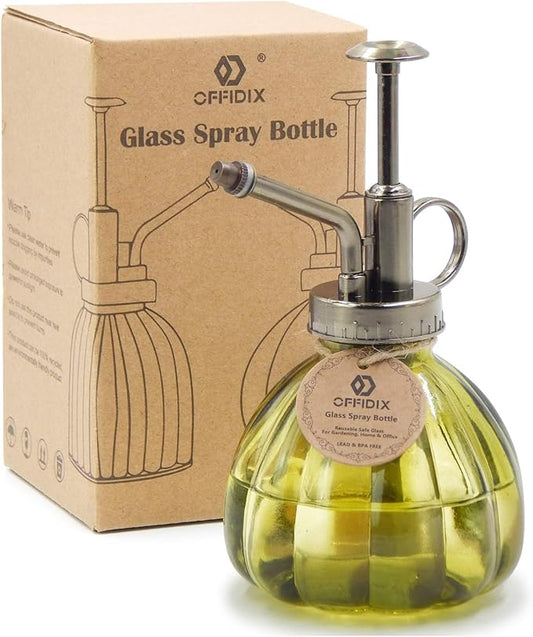 OFFIDIX Plant Mister,Glass Spray Bottle Small Watering Can Indoor 6.3" Tall Vintage Pumpkin Style Plastic Top Pump One Hand Mister Spray Bottle for Indoor Potted Plants (Olive Green)