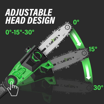 SOYUS Pole Saw 8-Inch Cordless, 15-Foot Max Reach Electric Pole Saw for Tree Trimming, 16ft/s Speed, Auto Oiling, Multi-Angle Pole Chainsaw with 2.0Ah Battery & Charger