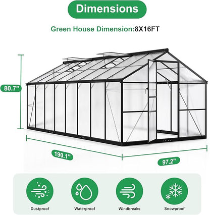 WKM 8x16 FT Greenhouse for Outdoors, Polycarbonate Greenhouse with Roof Vent and Quick Setup Structure, Aluminum Frame, Black