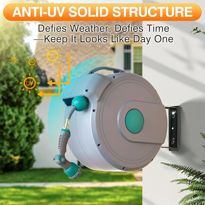 AXTRIM 100 ft x1/2 in Retractable Garden Hose Reel, Premium Wall Mounted Water Hose Reel with 10-Pattern Spray Nozzle, Any Length Lock, Slow Return System, 180° Metal Swivel Bracket, Anti-UV