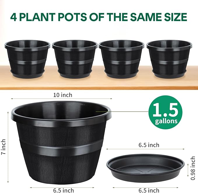 UNEED 10 inch Plant Pots, 4 Pack Plastic Flower Pots with Drainage Holes & Saucers, Retro Outdoor Indoor Garden Planters for Plants, Patio, Lawn Decor (Black)