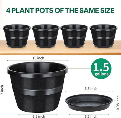 UNEED 10 inch Plant Pots, 4 Pack Plastic Flower Pots with Drainage Holes & Saucers, Retro Outdoor Indoor Garden Planters for Plants, Patio, Lawn Decor (Black)