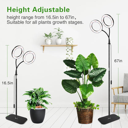 Full Spectrum Grow Light with Stand for Indoor Plants, Floor Plant Light, 3/9/12H Timer, 3 Color Modes, Adjustable Height 16.5–67in, for Large Plants & Home Décor(2 Heads)