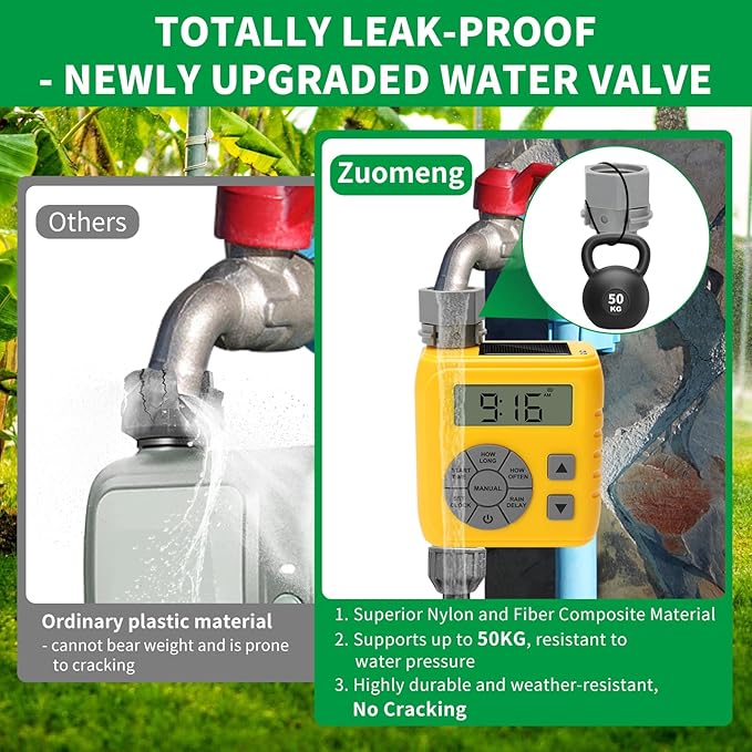 Sprinkler Timer, Programmable Irrigation Water Timer for Garden Hose, Solar/Battery Dual Power & Professional Leak-Proof Design, Rain Delay/Auto/Manual Watering System, Yellow