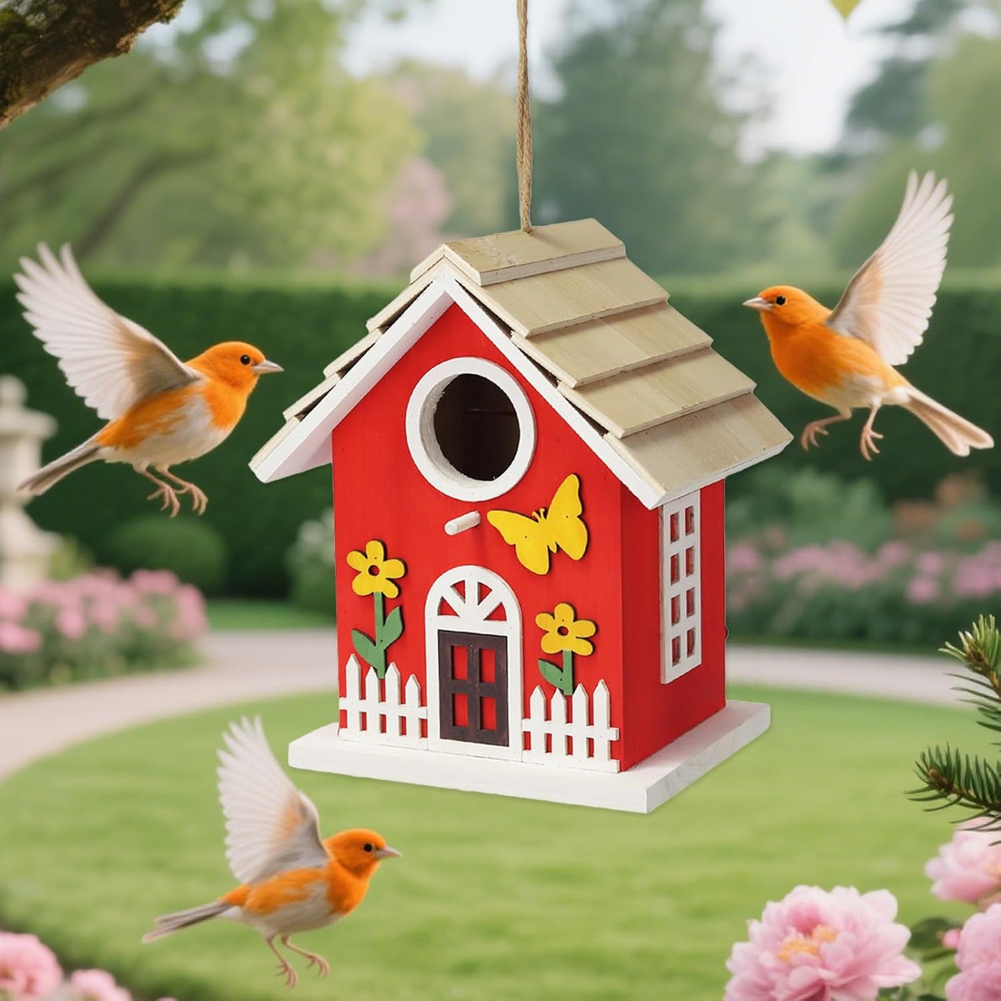 Red Wooden Bird House for Outside, Nesting Box with Sturdy Rope, Haing Bird Houses for Wren, Cardinal, Swallow, Sparrow, Finch