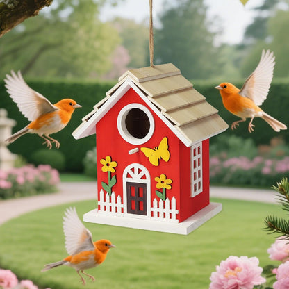 Red Wooden Bird House for Outside, Nesting Box with Sturdy Rope, Haing Bird Houses for Wren, Cardinal, Swallow, Sparrow, Finch