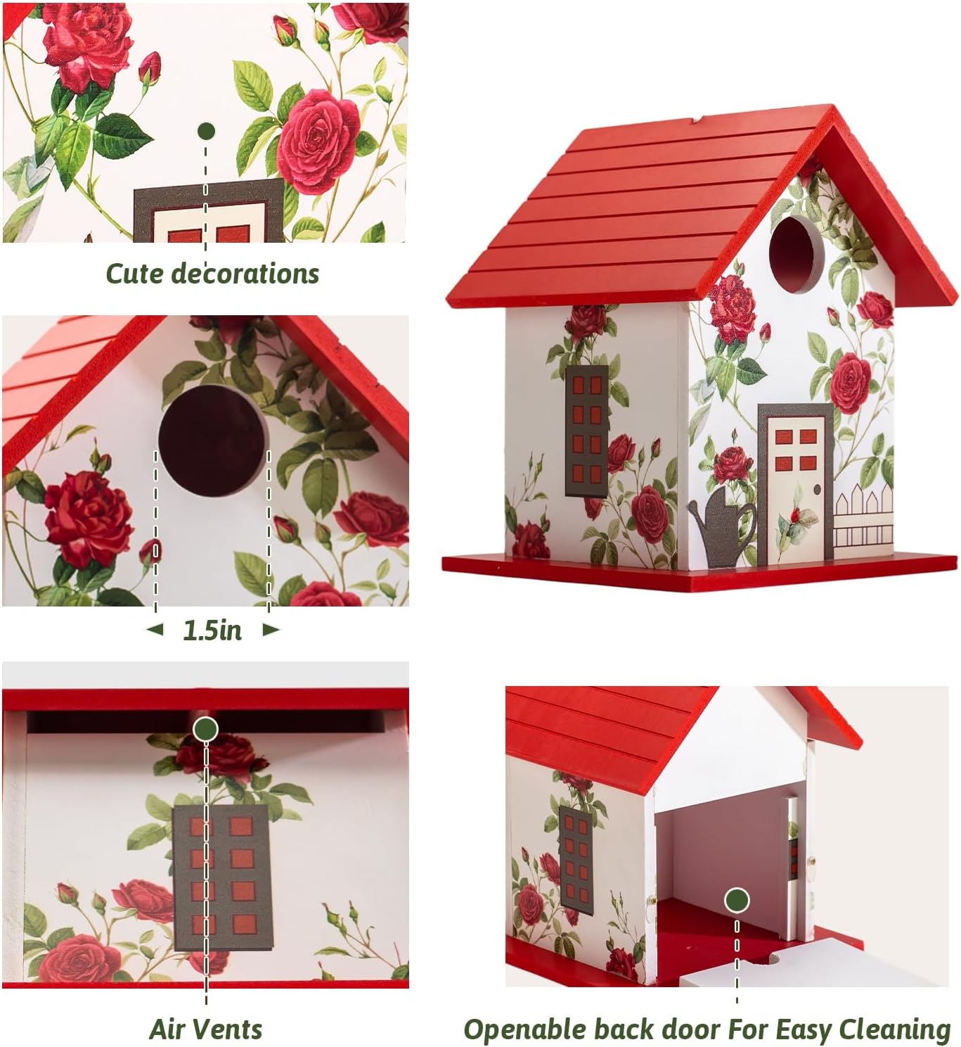 Spring Melody Bird House, Composite Material Nesting Box, Hanging Birdhouse for Blue Bird, Squirrel Proof Birdhouse for Outside, 10 Years Water Proof Weatherable Pole Mountable Bird House (Red)