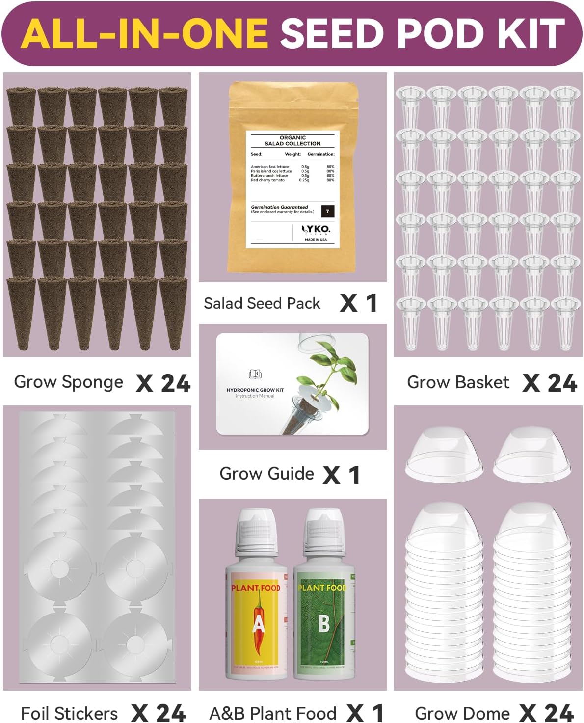 Salad Seed Pod Kits for AeroGarden, 24-Pods Ahopegarden, iDOO Hydroponics Growing System Herb Garden, 400+ Seeds, Including American Fast Lettuce, Buttercrunch Lettuce, Red Cherry Tomato