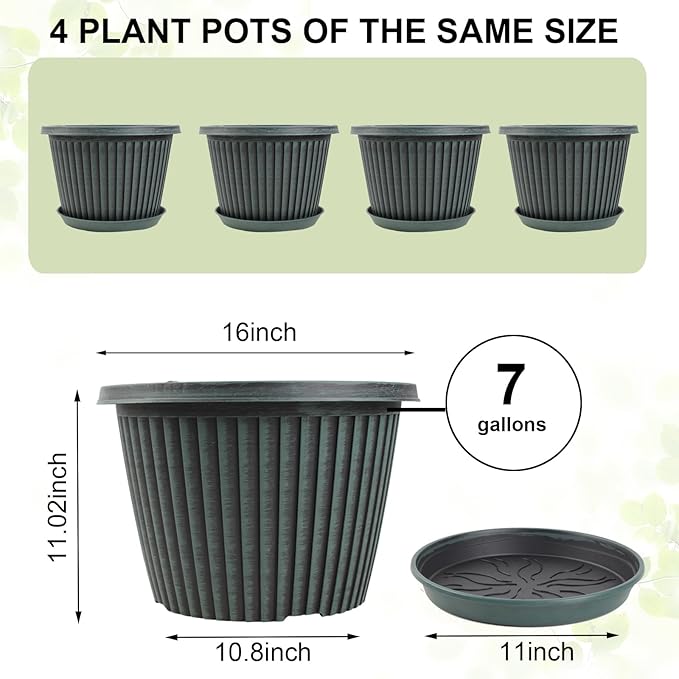 Large-Planter-Indoor-Outdoor Plant Pots, 16 inch 4 Pack Plastic Flower Pots with Saucer And Drainage Holes, Modern Garden Planters For Planting Medium Large Plants， Decorative Resin Garden Pots