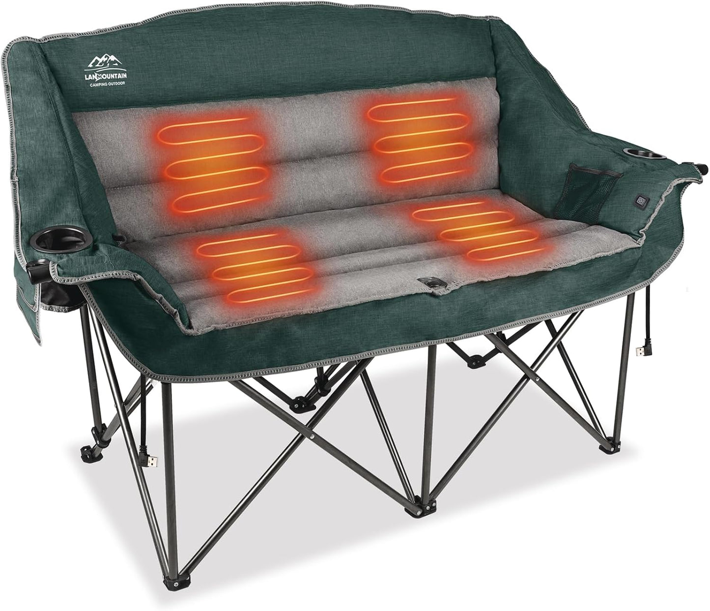 Heated Double Camping Chairs,3 Heat Levels Padded Portable Loveseat w/Wine Glass Holder,Cup Holder,Heating Outdoor Camp Couch Support 600 Lbs,Dark Green,Battery NOT Included