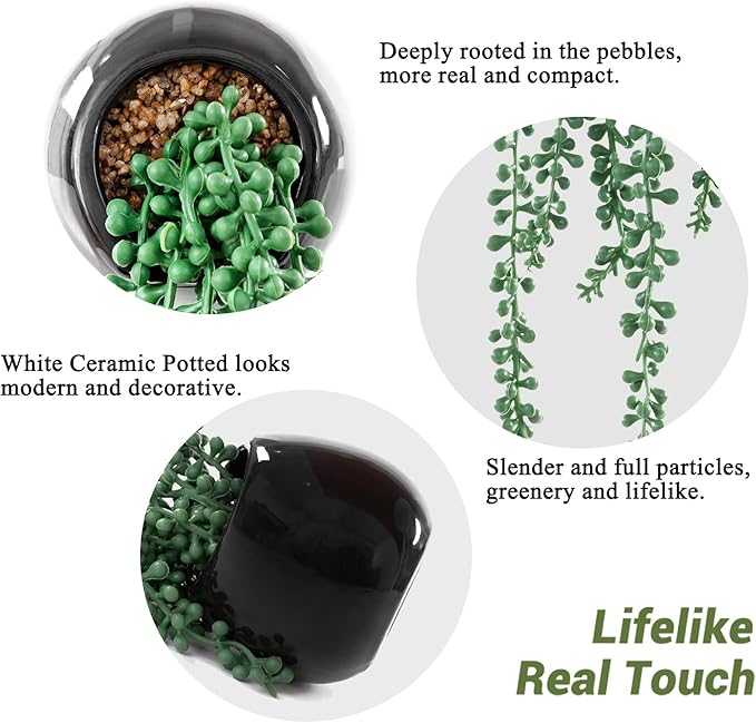 Tiita Artificial Hanging Plants, Faux Succulents in Pots, Realistic String of Pearls Plants for Home Office Accessories Window Sill Bathroom Bedroom Fake in Black Ceramic Pots, Set of 2