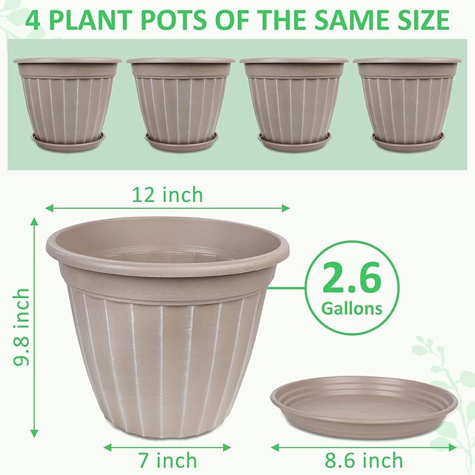 FGstyle 12 Inch Pots for Plants,4 Pack Tall Planters,Large Flower Pots with Drainage Hole & Saucer,Decorative Outdoor Planter for Planting Medium Large Plants(Beige